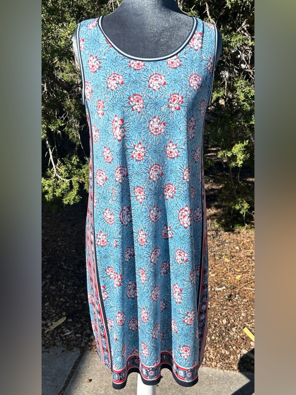 Max Studio Teal Floral Mini Dress with Pink and Black Trim